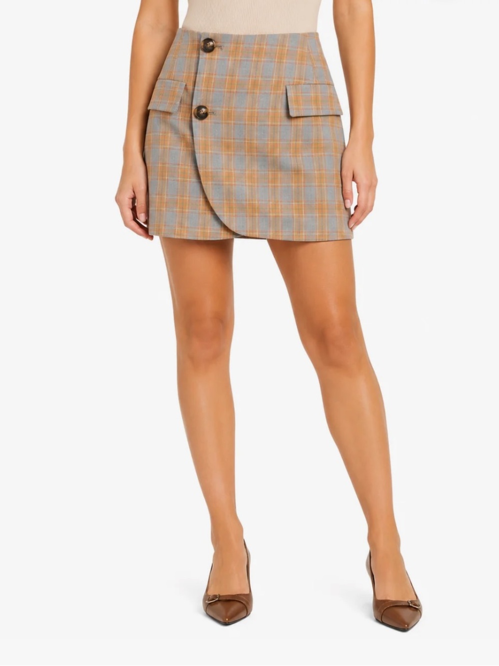Steve Madden Plaid Wrap Mini Skirt with Button Details